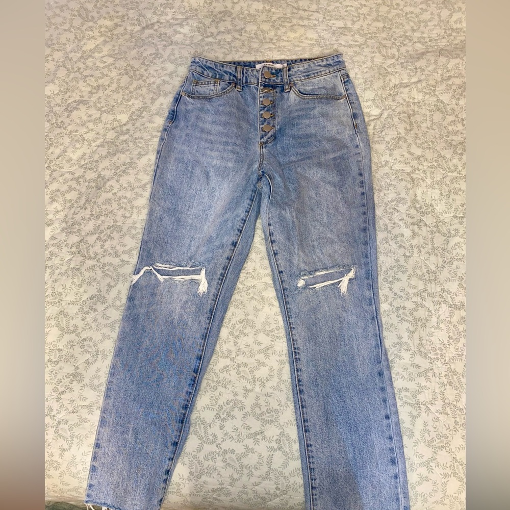 JustFab button jeans, distressed, lack stretch